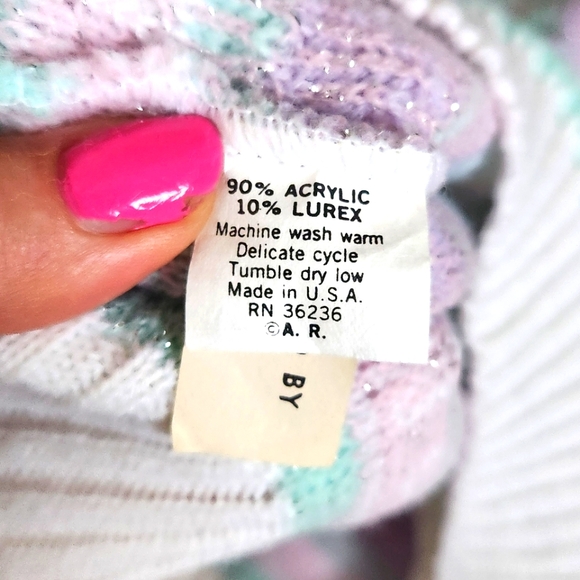 Vintage 1980s Rose Cats Fairy Kei Kawaii Pastel Sweater Sparkle Thread large - Picture 8 of 10